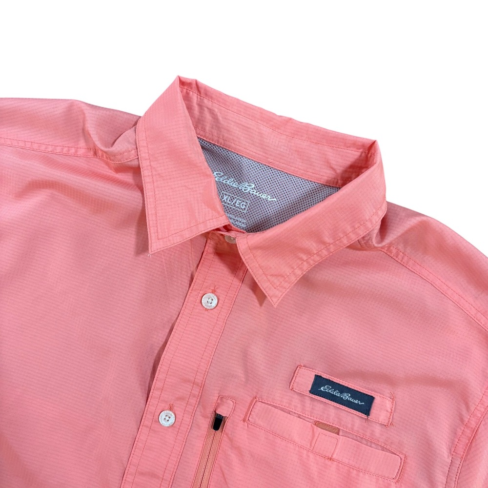 Eddie Bauer Mens XL Short Sleeve Button Down Shirt Coral Pink Ripstop Hiking
